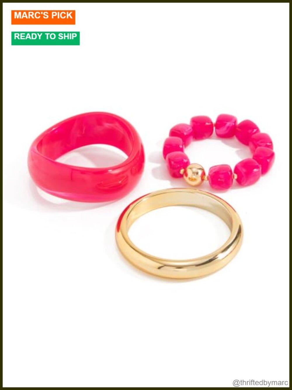 3Pc Chunky Resin Beaded Bracelet Set Gold Plated Bangle Stackable Jewelry